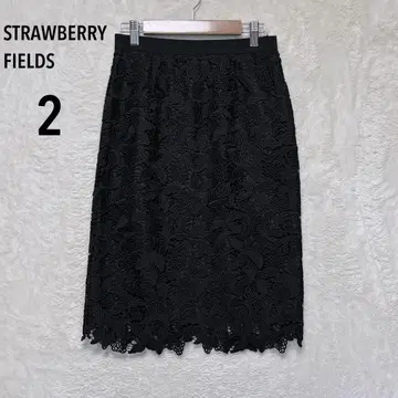 스트로베리 필드 레이스 꽃무늬 타이트 스커트 M 블랙 무릎 기장 허리밴딩