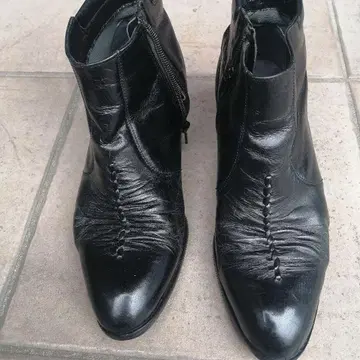 블랙 가죽 사이드 고어 부츠 중간 힐