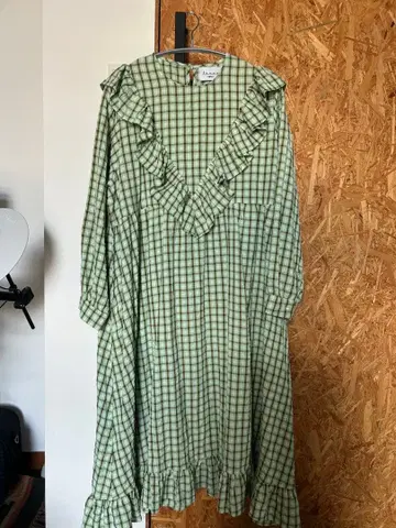 lanan 그린 체크 무늬 롱 원피스