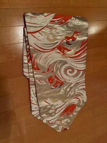 나고야 오비 파도 무늬 빨간색 금