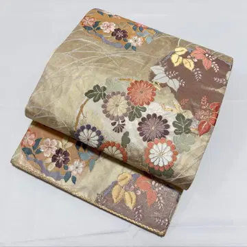 A 계절의 꽃들 금은사 순수 실크 육통 후쿠로 오비 포멀 O46