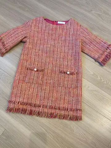 Lily Brown 글리터 트위드 사크 원피스 7부 소매 핑크 F