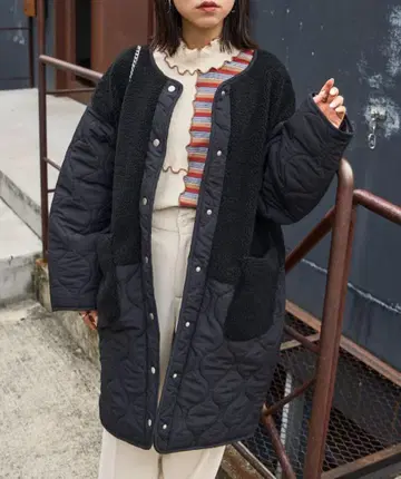 PUBLUX 노카라 보아 퀼팅 코트 블랙