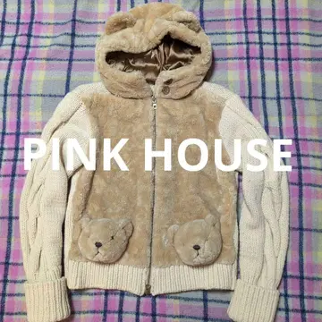 PINK HOUSE 봉제 인형 장식 퍼 절개 케이블 니트 자켓