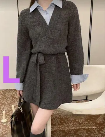 택 없음 새상품 셔츠 도킹 니트 원피스 허리 리본 포함