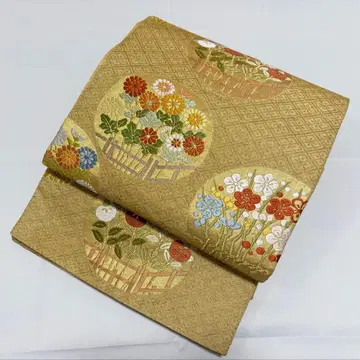 A5 계절의 꽃들 무늬 금실 순수 실크 육통 후쿠로 오비 포멀 O47