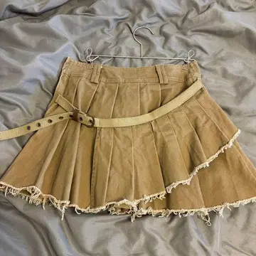 베이지 플리츠 미니 스커트 프린지 가공
