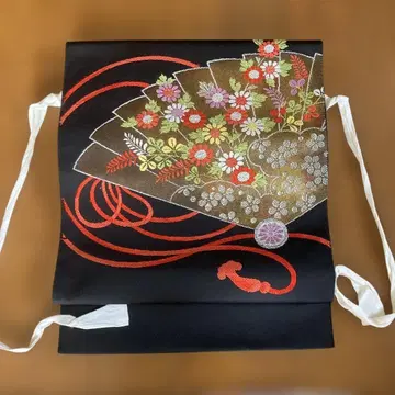 츠케오비 부채와 꽃무늬 자수 블랙