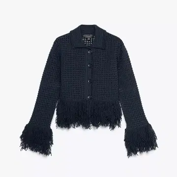 zara 프린지 장식 체크 무늬 니트 자켓 가디건