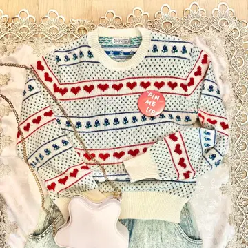 80년대 꽃 하트 무늬 니트 스웨터 빈티지 구제 의류
