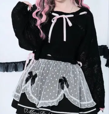 마기어 참 사다리 리본 시스루 니트 블랙