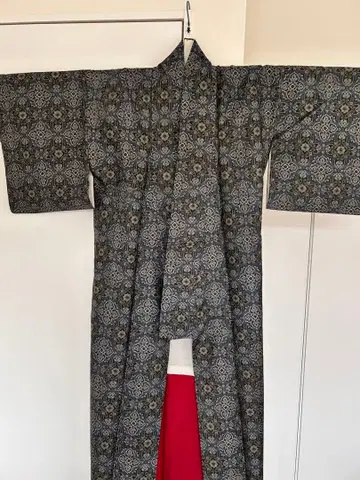 오시마 명주 코몬 이중 기모노 순수 실크 청록색 꽃무늬