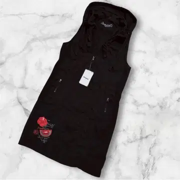 [ 새상품 ] 데시구알 후드 블랙 꽃무늬 자수 베스트 롱 집업