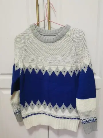 기하학 패턴 니트 스웨터 긴팔 그레이 파랑