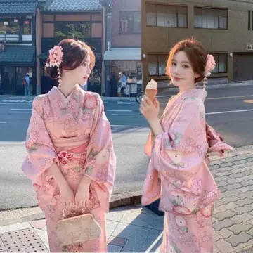 핑크 꽃무늬 유카타 오비 세트