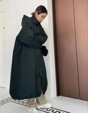 Rim.ark 후드 부착 롱 코트 다크 그린