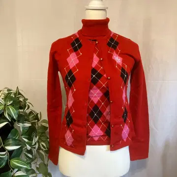 [ 새상품급 ] CLATHAS 레드 아가일 무늬 니트 가디건