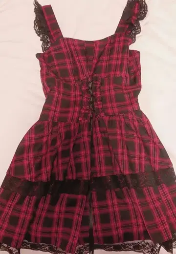 체크 무늬 레이스 부착 스커트 셋업 서브컬처 계열 펑크 스타일