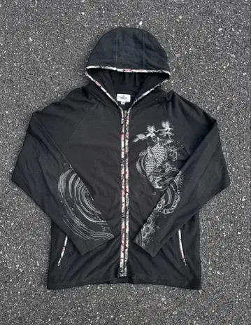 [ 카라쿠리타마시 ] 지퍼 후드티 잉어 자수 XL