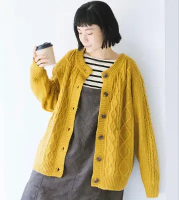 Noia 울 혼방 니트 케이블 가디건 (B 머스타드) 나츄란