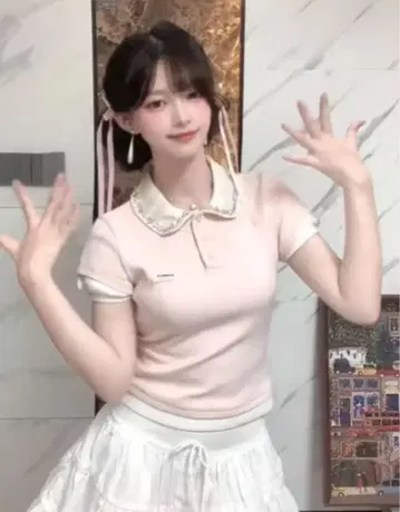 핑크 카라 부착 피케 셔츠 반팔 비쥬 레이스