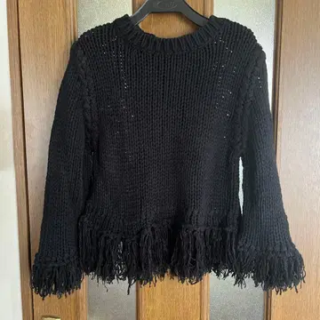 MIIA 블랙 프린지 니트 스웨터 긴팔
