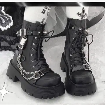 25cm 블랙 통굽 레이스업 부츠 체인 포함 y2k 미사용 새상품