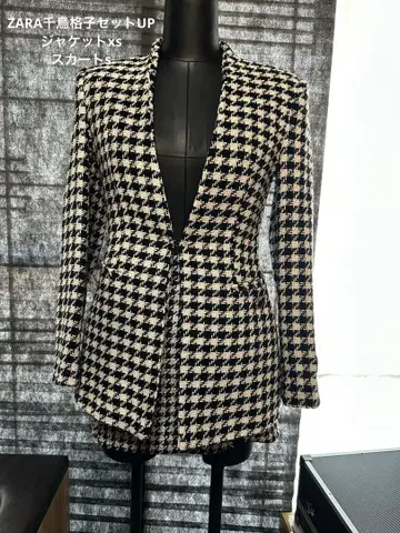 ZARA 하운드투스 패턴 노카라 자켓 세트