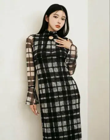 다리치 darich 파이핑 체크 레이스 롱 원피스