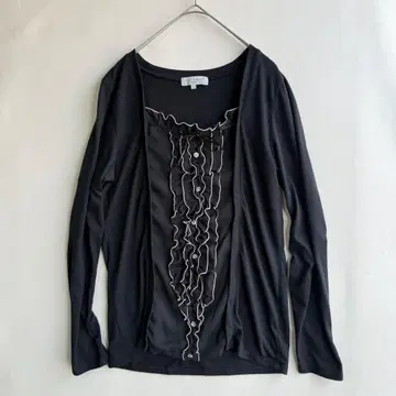 세오리아 여성용 긴팔 티셔츠 프릴 비쥬 버튼 L 블랙