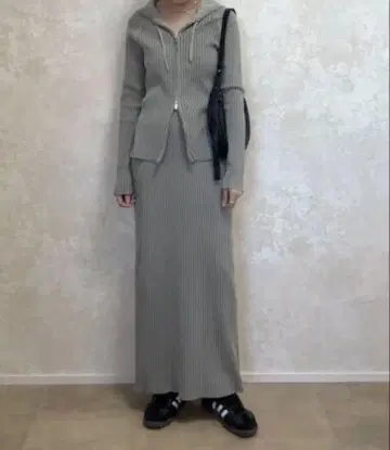 GU 셋업 리브 니트 더블 지퍼 후드티 리브 니트 내로우 스커트