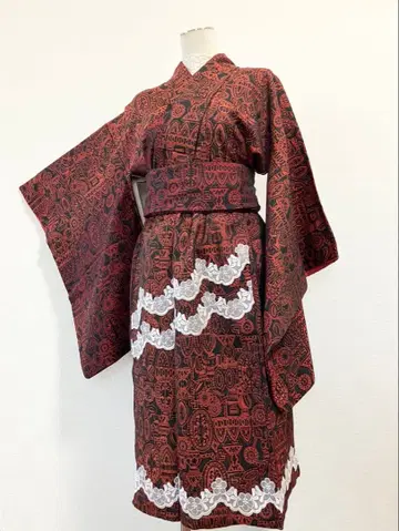 기모노 리메이크 빨간색 세퍼레이트 오비 세트 M 사이즈 핸드메이드