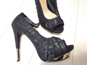 네이비 레이스 스웨이드 하이힐