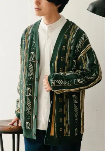어반 리서치 멀티 자카드 니트 가디건 그린