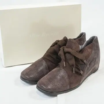 미사용품 미스쿄코 천연 가죽 리본 인힐 스니커즈 24.5cm 브라운