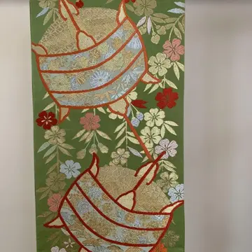 후쿠로 오비 그린 컬러 꽃과 바구니 무늬