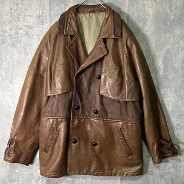 개성파 최고급 소가죽 가죽 코트 브라운 헤비웨이트 빈티지