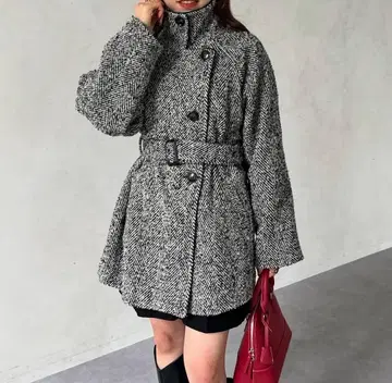 트위드 파이핑 미들 코트 블랙