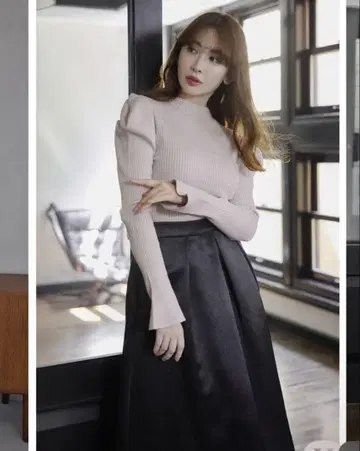 하립투 볼륨 슬리브 글리터 니트탑 미스티 로즈 M