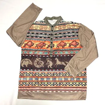 XL 사이즈 버팔로 남성용 민족 패턴 긴팔 셔츠 헨리넥 미국 구