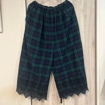 이치 스캘럽 자수 팬츠 체크 그린 빅 루즈핏 면
