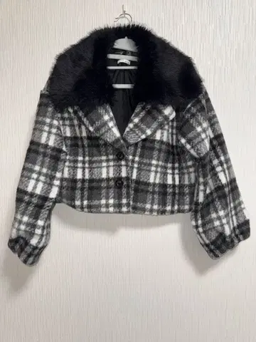 RESEXXY 퍼 옷깃 체크 숏코트 그레이 F 사이즈