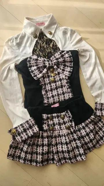 MA RS 핑크 트위드풍 체크 무늬 미니 스커트 셋업