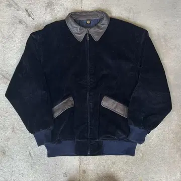 90s Georgia 옷깃 가죽 절개 숏기장 블루종 코듀로이 네이비