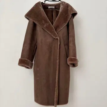 브라운 후드 부착 무스탕 코트 M