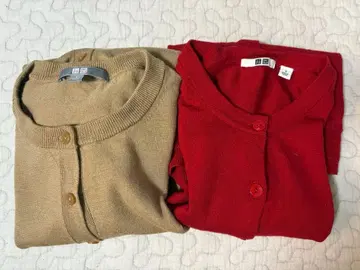 유니클로 카멜 빨간색 긴팔 가디건 세트 베이지