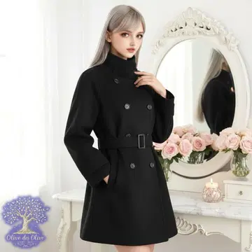 Olive des Olive 미들 기장 울 코트 블랙 벨트 포함