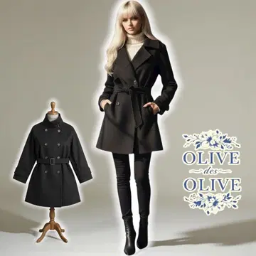 Olive des Olive 미들 기장 울 코트 블랙 벨트 포함