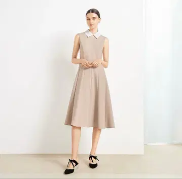 FOXEY 베이지 슬리브리스 원피스 레이스 카라 부착