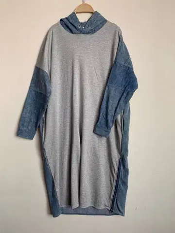 후드 부착 티셔츠 원피스 그레이/데님 블루